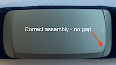 There is an arrow pointing to the bottom right corner where the Muse S Pod meets to Muse S fabric band and there is no gap.